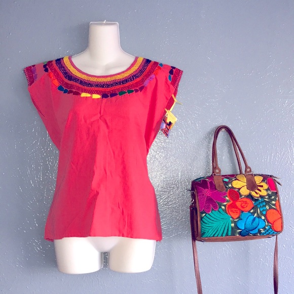 Rainbow Embroidered Mexican Artisan Coral  Top - Picture 3 of 11